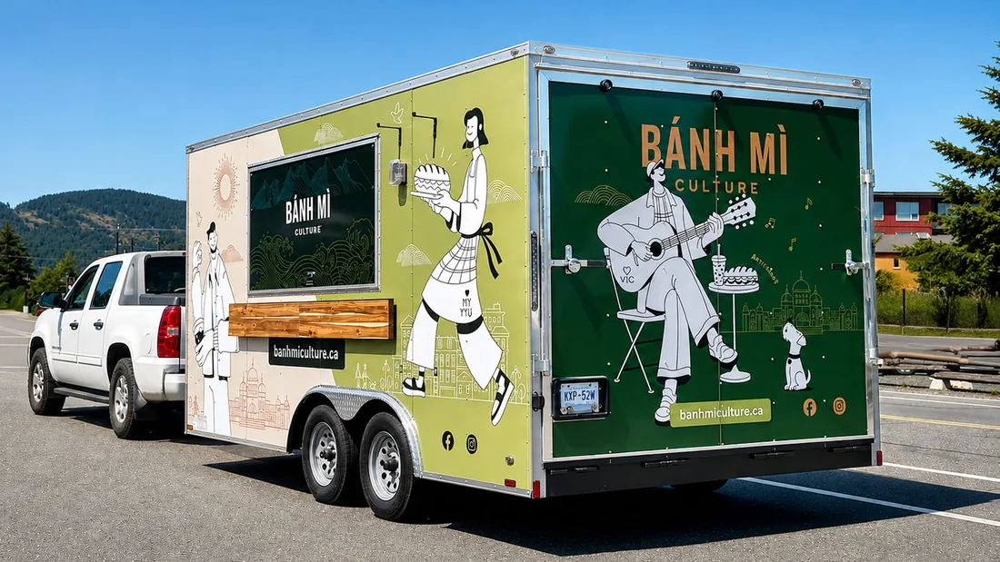 The Bánh Mì Culture food truck parked, with the brand illustrations on the back doors